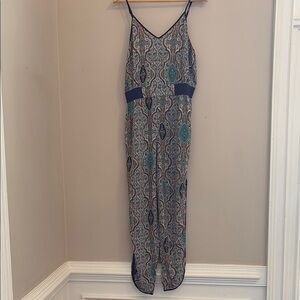 Fire Los Angeles Boho Geo Patterned Jumpsuit with Blue Accents